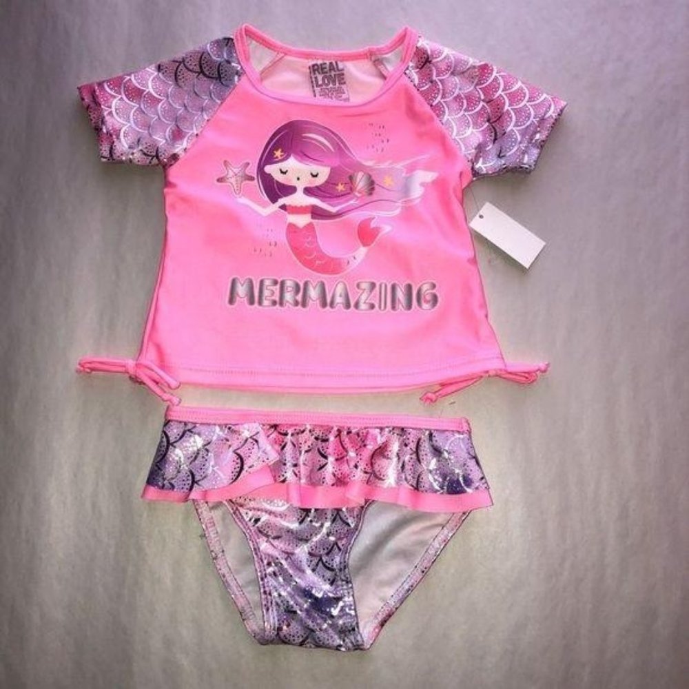 Real Love Mermaid Metallic Two Piece Swimsuit Pink Girls Size 12 Months‎ Ruffle